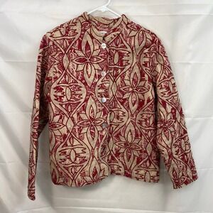 Vintage Coldwater Creek women's tan red floral embroidered button mock jacket PL